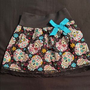 Colorful Sugar Skull Print Skirt with Blue Bow